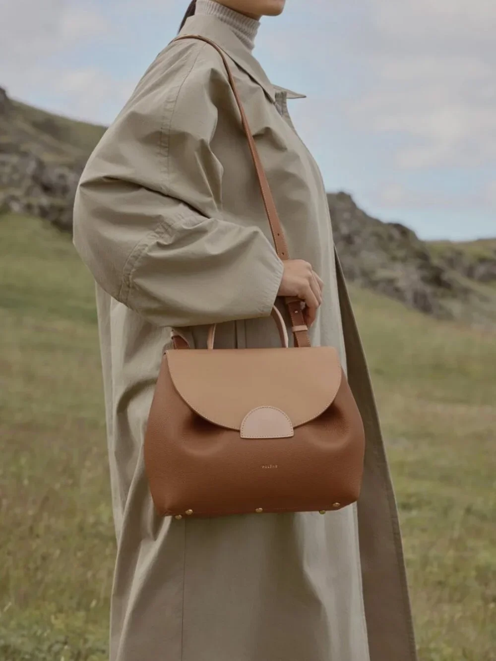 Polène tan and light-tan leather top-handle bag